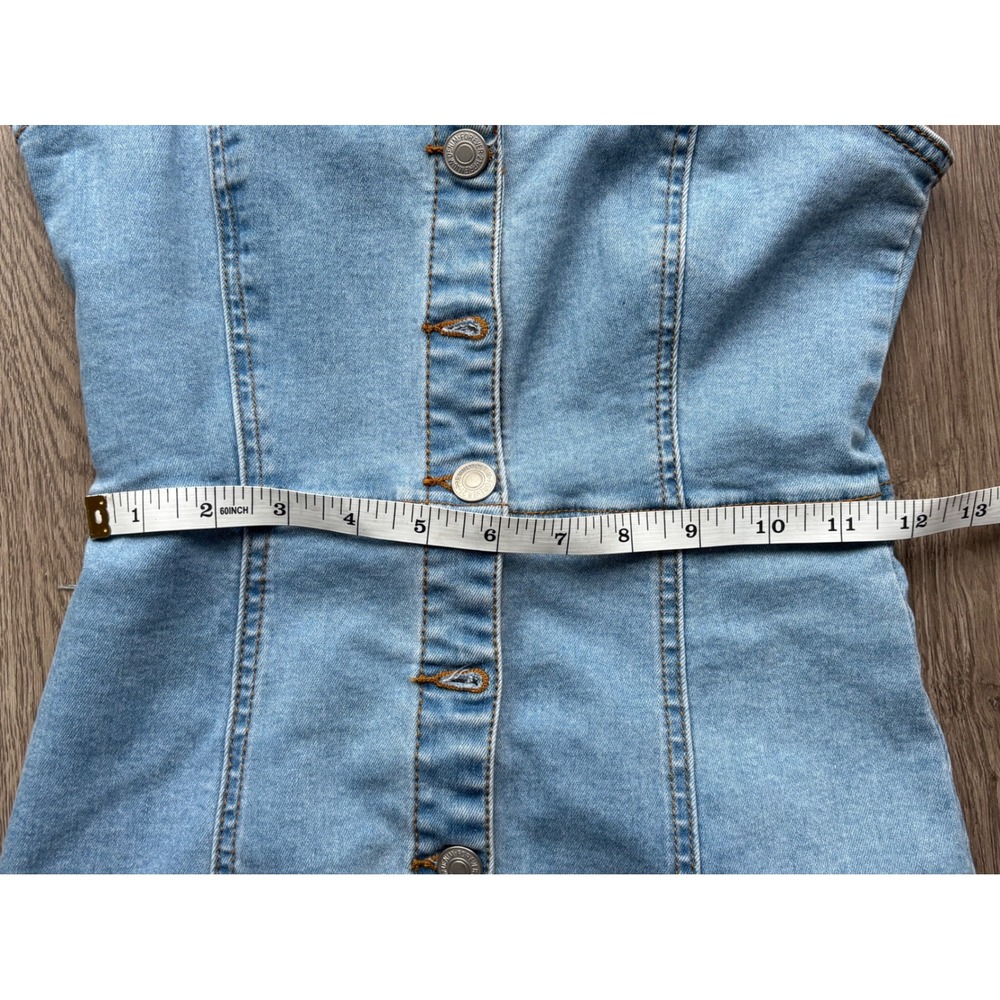 Forever 21 Light Wash Denim Button Down Mini Dress Blue Small Sleeveless 90s - Picture 5 of 10